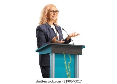 Professional Woman Giving A Speech On A Stand Isolated On White Background