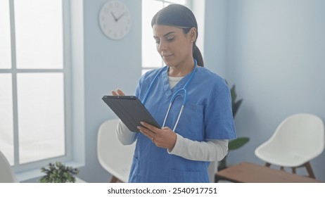 A professional woman nurse in scrubs checks a tablet in a bright hospital room, portraying healthcare technology. - Powered by Shutterstock