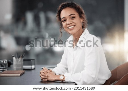 Professional woman, smile and confident in portrait, administration assistant at office with success and business mindset. Corporate female person in admin, career mission and ambition in workplace