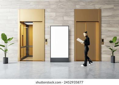 Professional woman walking past a mockup display in a corporate hallway - Powered by Shutterstock