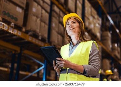 A professional woman wearing safety gear and a hard hat examines inventory in a warehouse, utilizing her digital tablet to enhance efficiency and maintain operational excellence.