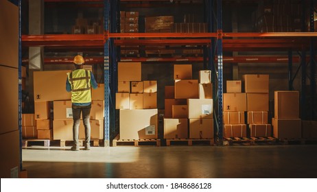 Professional Worker Walking with a Cardboard Box Places it on a Shelf with other Goods in Retail Warehouse. Product Delivery Distribution Logistics Center. Side View Shot