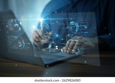 Professional working on laptop with futuristic digital interface for big data analytics, artificial intelligence, and technology innovation.