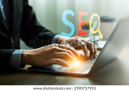Professional working on SEO optimization with a laptop, utilizing a search engine interface and digital tools for boosting website traffic and improving online visibility in a modern workspace.