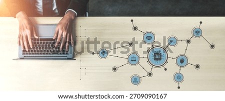 A professional workspace featuring a man typing on a laptop with AI-related icons around, symbolizing digital transformation and innovative technology concepts in business. Tessel