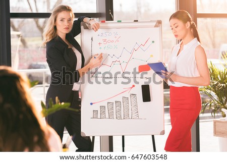 Professional young businesswomen in formalwear making presentation near whiteboard