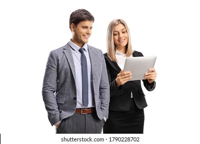 Professional Young Man And Woman Looking At A Digital Tablet Isolated On White Background