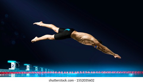 Professional young muscular swimmer jumping from starting block in a swimming pool - Powered by Shutterstock