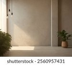 A professionally rendered empty room featuring a plant against a smooth, light cement finish wall. Architectural finishes include high-quality, realistic render with smooth solid concrete paneling.