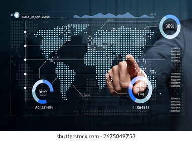 A professional's hand interacts with a digital interface showcasing a world map, various metrics, and dynamic charts, highlighting data-driven insights for business strategy.