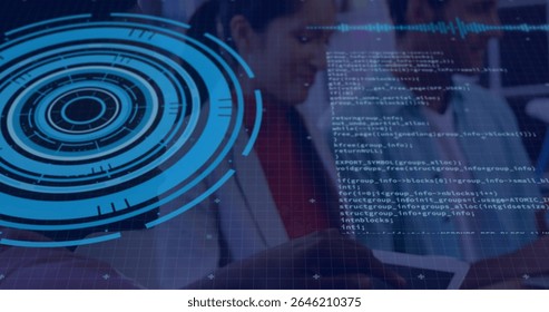 IT professionals in suits interacting in office with tablet, holographic HUD, code panels. Technology, innovation, collaboration, data, interface, digital, futuristic - Powered by Shutterstock - Get 15% off with code: PIKWIZARD15