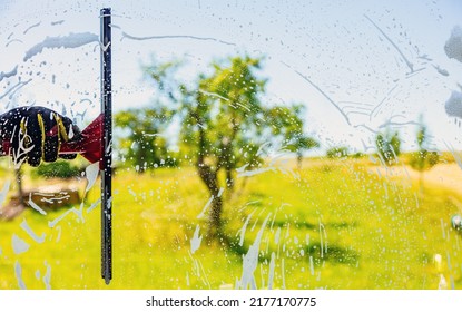 Professionell window cleaning Service with squeegee on a sunny Day - Shutterstock ID 2177170775