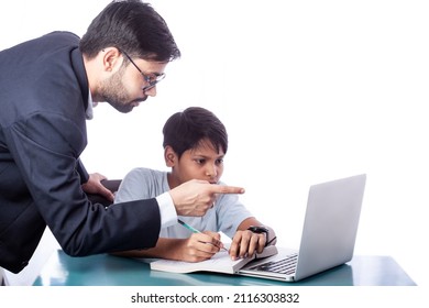 Professor Teaching Teenage Student To Use Computer In White Background