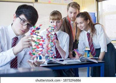 Professor watching his students assemble a helix DNA model in a science class. - Powered by Shutterstock