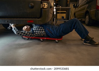 Proficient Car Repairwoman Using Creeper Get Stock Photo 2099533681 ...