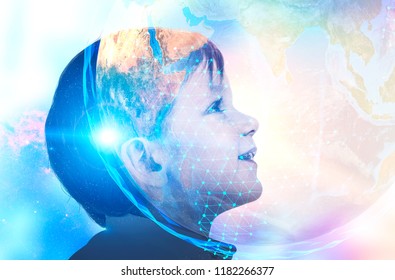 Profile of adorable little boy looking up and smiling. Planet Earth in space, polygons. Global world and ai future concept. Toned image double exposure mock up Elements of this image furnished by NASA - Powered by Shutterstock - Get 15% off with code: PIKWIZARD15