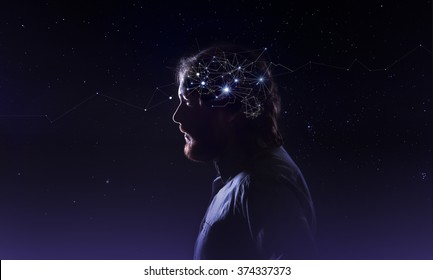 Profile of a bearded man head with  symbol neurons in brain. Thinking like stars, the cosmos inside human, background night sky - Shutterstock ID 374337373