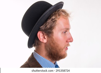 Profile Of A Bearded Man In An Old-fashioned Victorian Bowler - Studio Shots