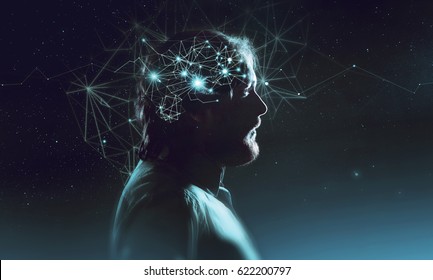 Profile of bearded man with symbol neurons in brain. Thinking like stars, the cosmos inside human, background night sky