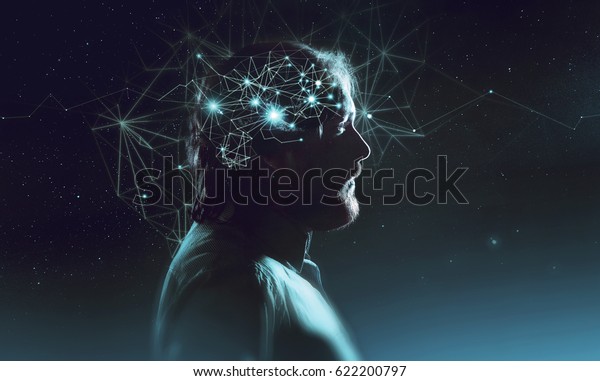 Profile of\
bearded man with symbol neurons in brain. Thinking like stars, the\
cosmos inside human, background night\
sky