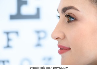 Profile Of Beautiful Woman With Eye Test In Optics