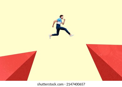 Profile creative picture of person jumping into empty space isolated on illustrated background