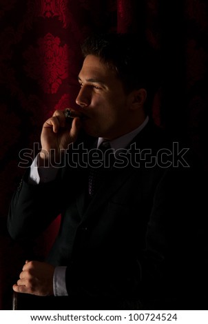 Profile of elegant man smoking in night and looking to the light