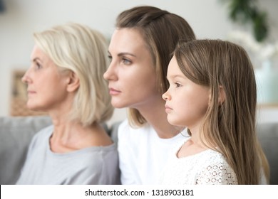 Profile Family Portrait, Serious Focused Grandmother, Mother And Little Daughter, Thinking About Future, Aging Process Concept, Three Female Different Age Generations, Growing Up