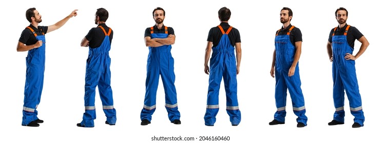Profile, front and back view of man, male auto mechanic in dungarees standing alone isolated on white background. Concept of labor, business, caree, job, sales, ad. Nonprofessional occupations - Shutterstock ID 2046160460