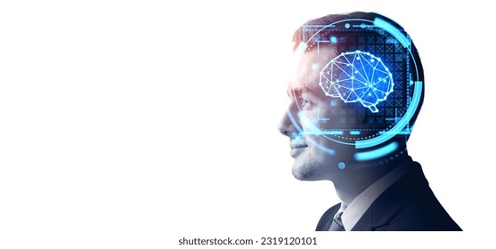 Profile of handsome young European businessman head with double exposure of artificial intelligence brain hologram over white background. Concept of machine learning and robot research. Copy space