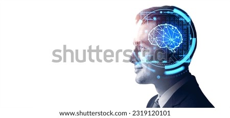 Profile of handsome young European businessman head with double exposure of artificial intelligence brain hologram over white background. Concept of machine learning and robot research. Copy space
