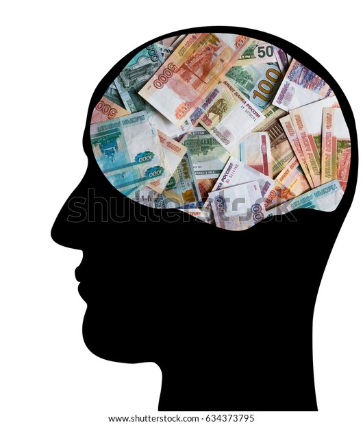 Profile of\
the head of a businessman. Many monetary denominations of different\
denominations. Rubles and\
dollars.