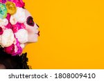 Profile headshot photo of calavera katrina undead goddess send air kiss favorite priest close eyes wear black dress death carnival costume roses headband isolated yellow color background