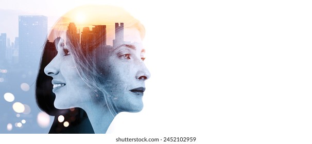 A profile image of a woman with a cityscape superimposed, illustrating a double exposure effect on a light background, conveying a concept of idea and partnership - Powered by Shutterstock