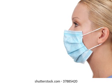 Profile Image Of Young Female Nurse Wearing Face Mask Isolated On White