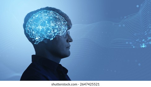 Profile of man with glowing digital brain network, futuristic graphic style, abstract blue background, concept of artificial intelligence and thinking