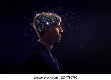 Profile of man with symbol neurons in brain. Thinking like stars, the cosmos inside human, background night sky