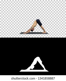 Profile Of Muscular Handsome Young Man Working Out, Standing In Yoga Upward, Downward Facing Dog Pose, Then Streching His Arms, Alpha Channel