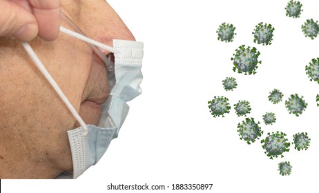 Profile Of A Old Man With Nasal Cannula In Nose. Hand Puts On A Medical Mask On His Face.