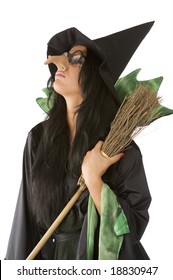 Profile Of Old Ugly Witch With Big Nose And Glasses Arming A Broom