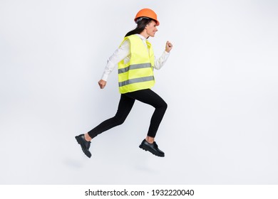 Profile Photo Of Artisan Lady Jump Run Fast Wear Helmet Shirt Vest Pants Shoes Isolated White Color Background