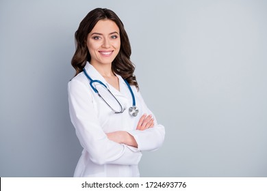 Profile photo of attractive family doc lady patients consultation friendly smiling reliable virology clinic arms crossed wear white lab coat stethoscope isolated grey color background - Shutterstock ID 1724693776