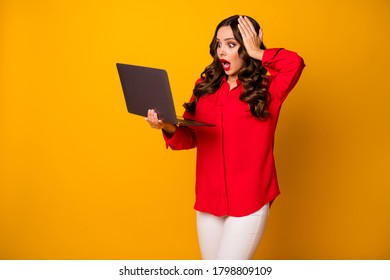 Profile photo of attractive wavy lady hold notebook hands texting colleagues read email bad news open mouth wear red office shirt white pants isolated yellow bright color background