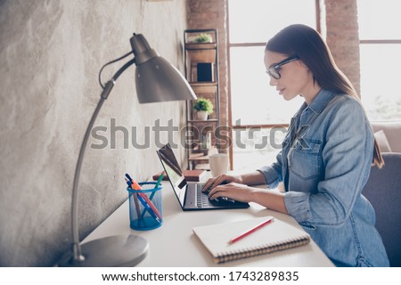 Profile photo of beautiful student lady chatting look notebook screen typing boss report online studying quarantine stay home sit chair desktop flat apartments room indoors