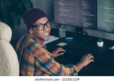 Profile Photo Of Cheerful Front End Developer Sitting Chair Keyboard Typing Operating Server Indoors