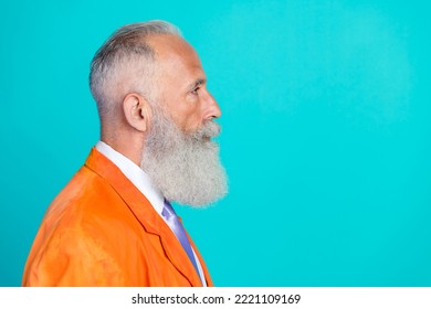 Profile Photo Of Concentrated Aged Person Look Empty Space Blank Isolated On Cyan Color Background