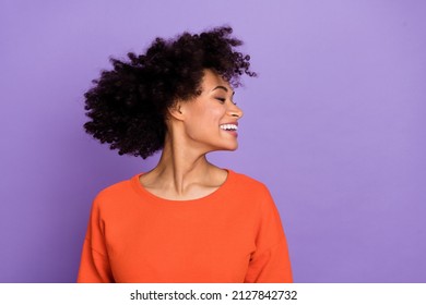 Profile Photo Of Cool Millennial Brunette Lady Look Promo Wear Orange T-shirt Isolated On Purple Background