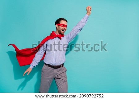 Profile photo of crazy carefree funny superhero guy wear cape mask purple shirt isolated teal color background