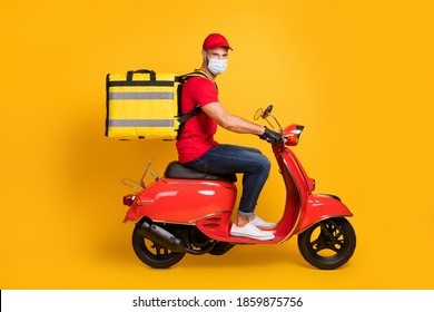 Profile Photo Of Delivery Man Ride Scooter Wear Bag Gloves Mask Red T-shirt Cap Jeans Sneakers Isolated Yellow Color Background