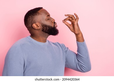 Profile photo of dreamy inspired gourmet close eyes imagine perfect meal wear grey shirt isolated pink color background